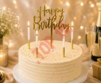PF-TOZT ZŁOT TOPPER "HAPPY  BIRTHDAY" + 4 ŚWIECZKI BROKATOWE